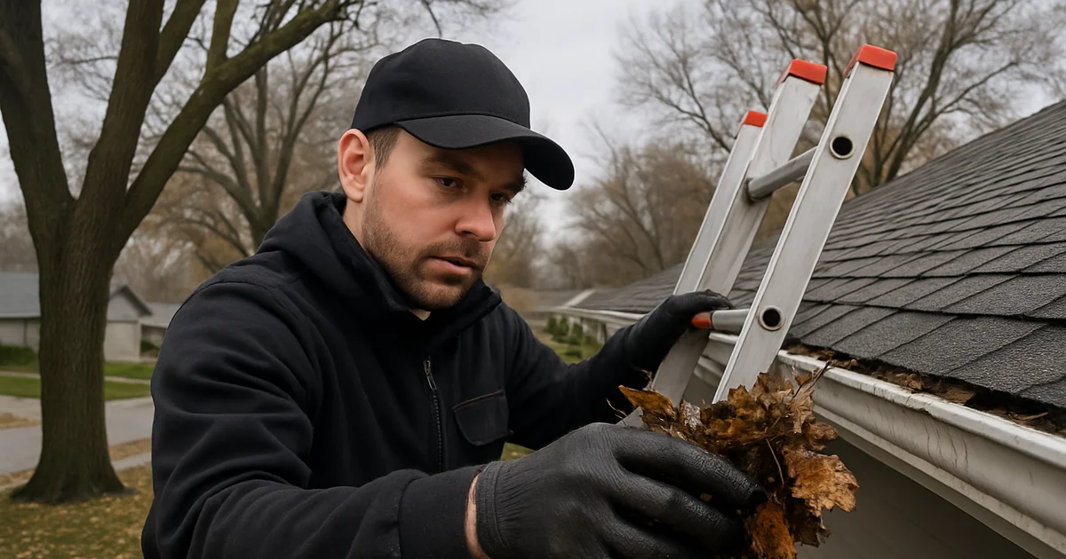 Gutter cleaning technician clearing leaves from a home's gutters near Sioux City, IA