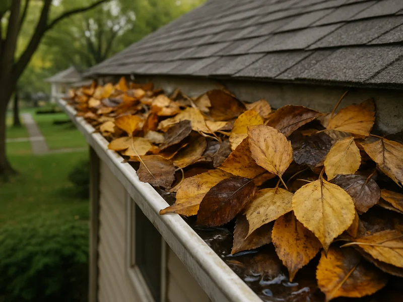 Clogged gutter full of wet leaves before cleaning near Sioux City, IA