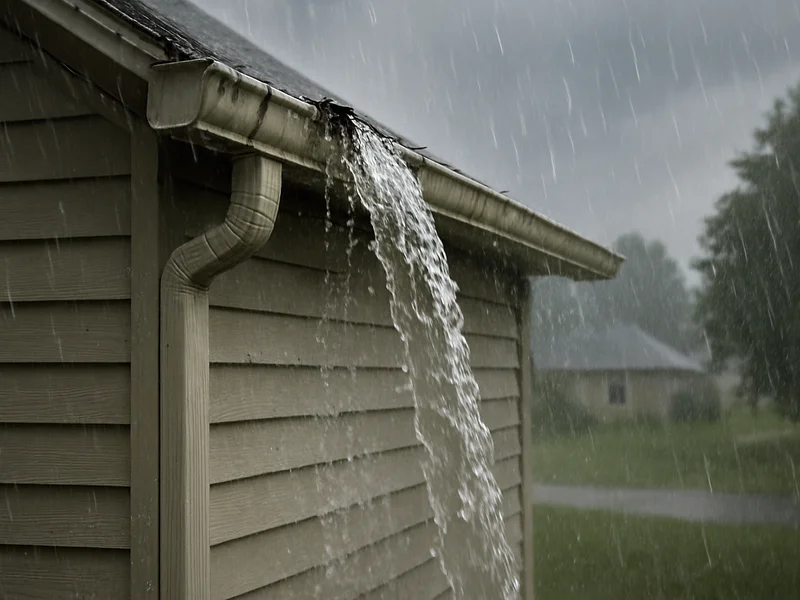 Water overflowing from a clogged gutter down the side of a house
