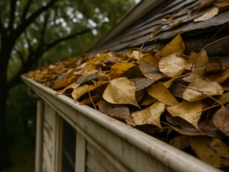 Clogged gutter full of wet leaves before cleaning in Sioux City, IA