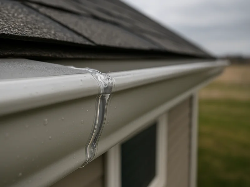 Close-up of a repaired and resealed gutter seam near Sioux City, IA