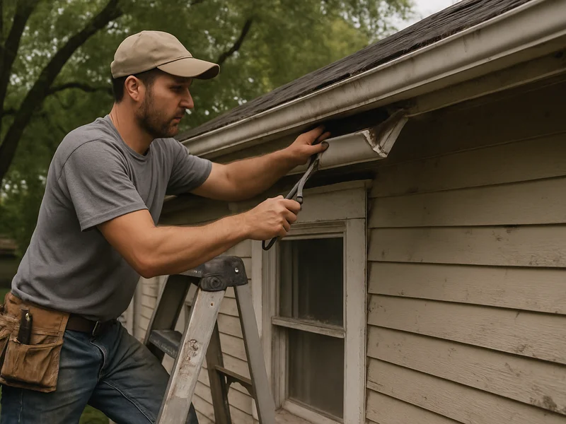 Technician repairing a gutter on a home in Sioux City, IA
