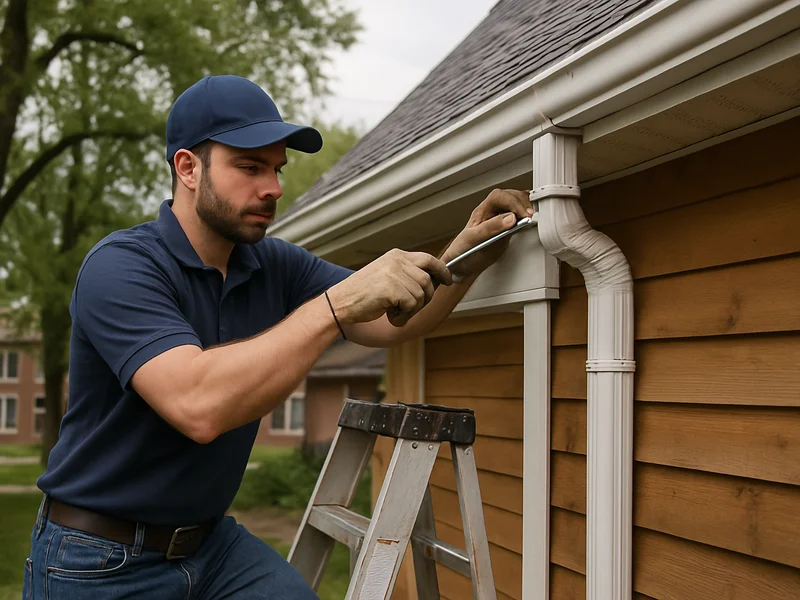 Technician repairing a gutter on a home in Vermillion, SD