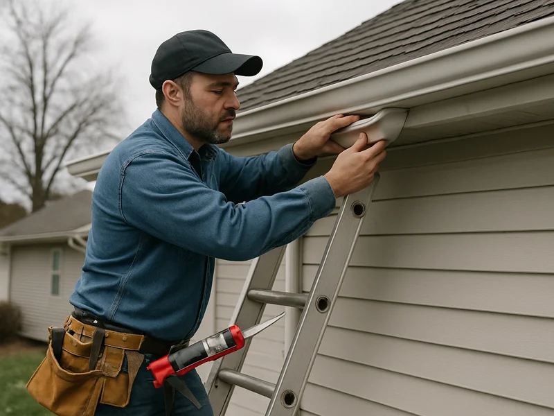 Technician repairing a sagging gutter section on a home near Sioux City, IA
